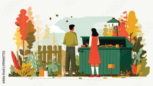 Autumn scene with a couple sorting waste into a large green dumpster surrounded by colorful foliage