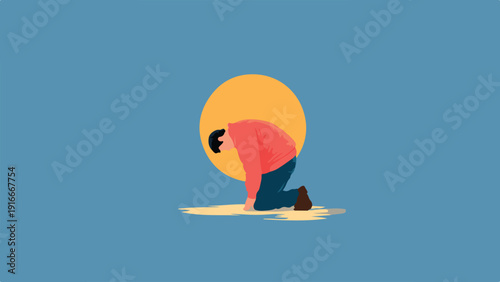 A person kneels with their head bowed against a large yellow circle
