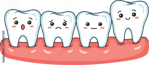 Cute Cartoon Teeth Characters on Gum Vector Illustration for Dental Care, Oral Hygiene Education and Kids Dentistry Design