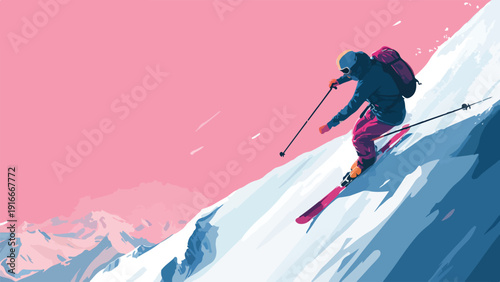 Person skiing down a snowy mountain slope with pink sky background