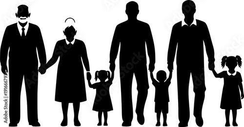 Multi-Generational Family Connection Silhouette Vector, Grandparents and Children Holding Hands Isolated