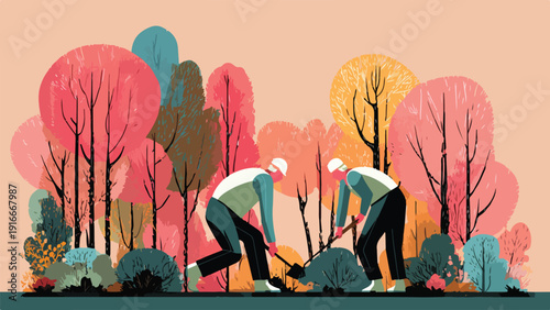 Stylized depiction of two people digging amidst a vibrant forest with colorful trees