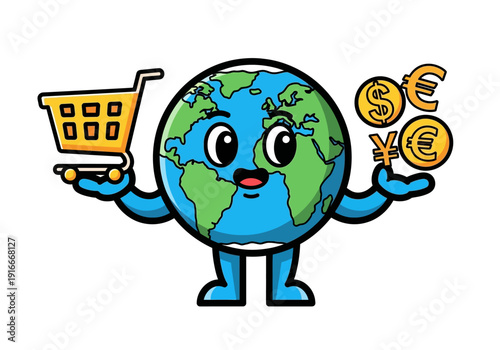 Cartoon Earth Character Holding Shopping Cart and Currency Symbols.