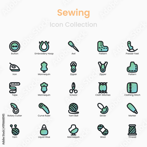 Sewing tools and textile vector icons for handmade and creative use