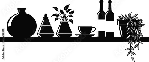Minimalist kitchen shelf decor silhouette featuring bottles, cups, vases and houseplants in modern black and white interior design illustration