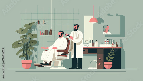 Barber giving a client a haircut in a stylized barbershop with plants and shelves