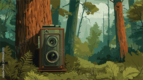 Vintage twin-lens camera sits amidst lush green foliage and tall trees in a serene forest