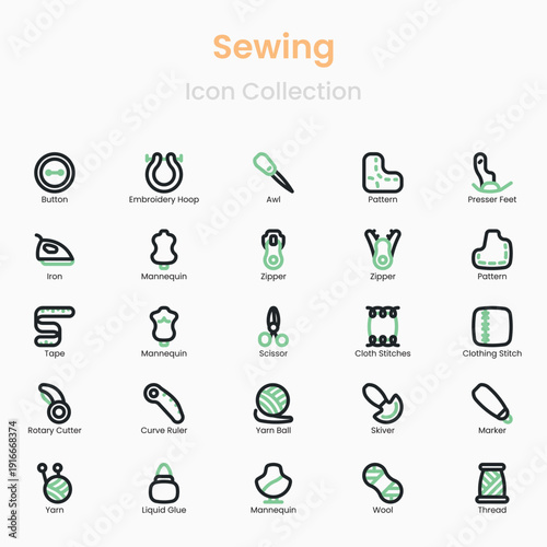 Tailoring and sewing vector icon collection with tools and equipment