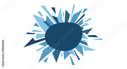Abstract blue explosion with fragments radiating from a central dark blue oval shape in a dynamic illustration