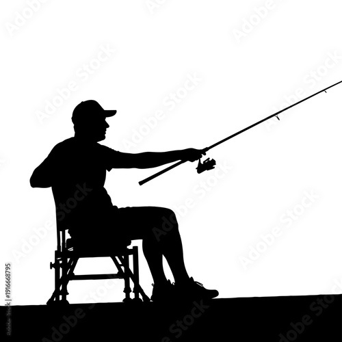 Silhouette of a fisherman fishing with a rod and reel, waiting patiently.