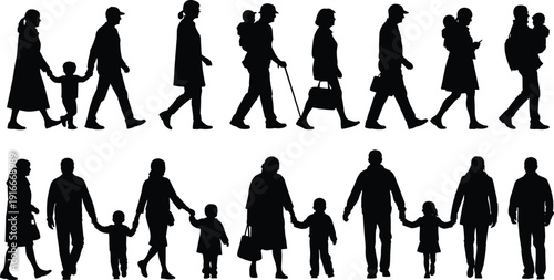 Walking people and palm tree silhouette collection flavector featuring families children and tropical nature elements isolated on white background vector.