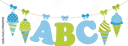 Baby Shower Alphabet Banner with Ice Cream Decorations Vector Illustration for Nursery Party, Kids Celebration and Cute Event Design