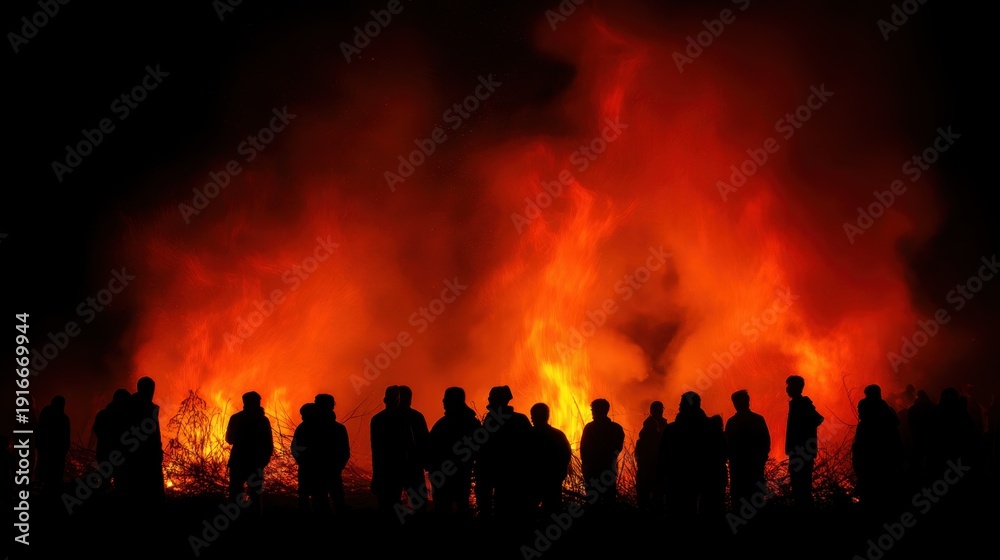 Fototapeta premium Silhouetted Figures Against Intense Flames During Nighttime Fire Event Highlighting Heat and Danger