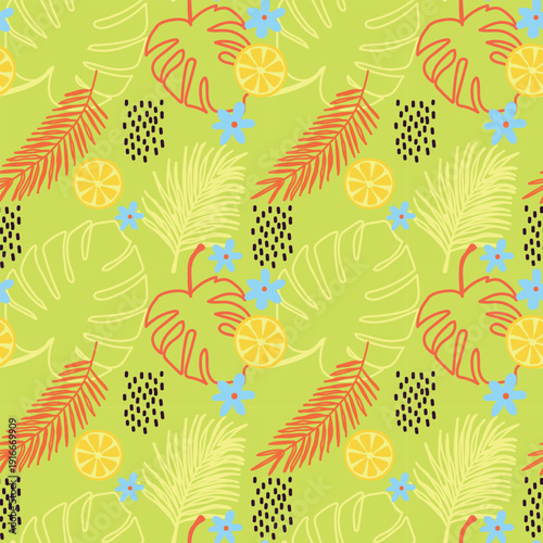 Bright lemon and lime seamless pattern with tropical leaves and palm fronds. Vector summer citrus fruit texture for kitchen decor and summer apparel.