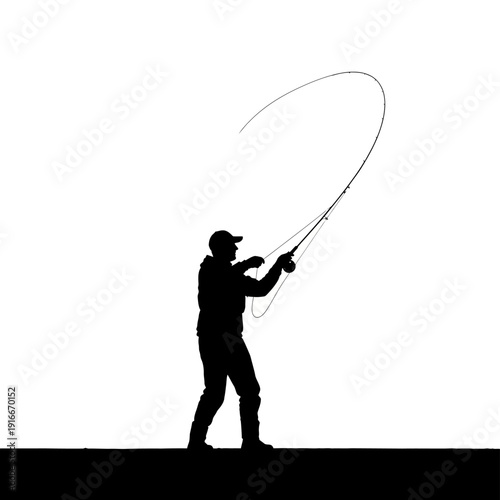 Silhouette of a Fly Fisherman Casting a Fishing Rod Against White Background.