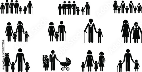 Vector illustration of diverse family structures symbolizing caregiving, inclusivity, unity, childhood, culture, community, education, and social values