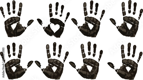 Vector illustration of stylized handprints with heart motifs symbolizing love, unity, caregiving, culture, community, education, and social values