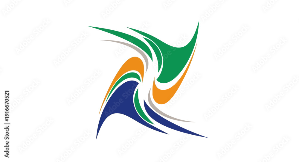 Naklejka premium Dynamic abstract illustration of swirling shapes in motion, creating a vibrant and energetic visual effect from a frontal viewpoint