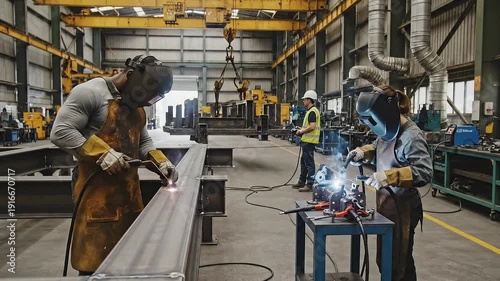 Industrial Welder Working on Steel Pipe with Bright Sparks in Factory