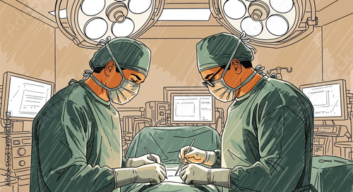 Illustration of surgeons in scrubs performing surgery in an operating theater
