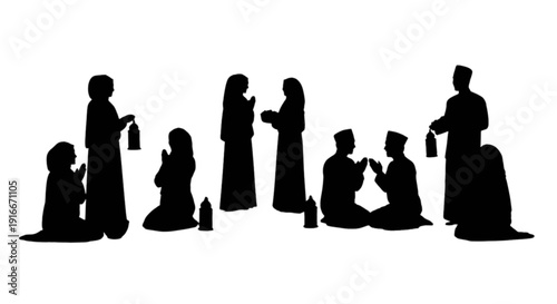 Silhouette depiction of a nativity scene with various figures gathered around the infant.