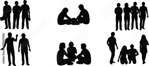 Vector illustration of diverse group silhouettes in standing, sitting, and interactive poses symbolizing community, culture, education, inclusivity, and social values