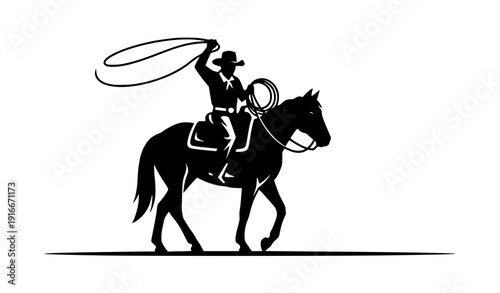 Cowboy with Lasso on Horse Silhouette Ranch and Cattle Breeding Vector Illustration