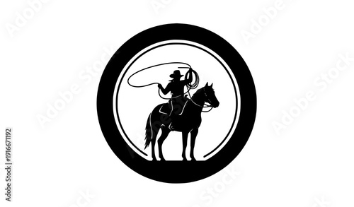 Western Cowboy on Horse Silhouette Emblem Rodeo Ranch Logo Vector Symbol