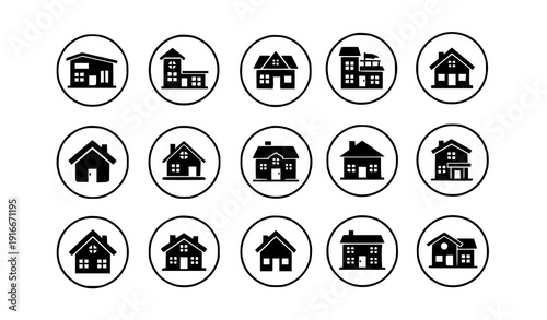 Residential House Silhouette Icons in Circular Frames Modern and Traditional Architecture Vector Set