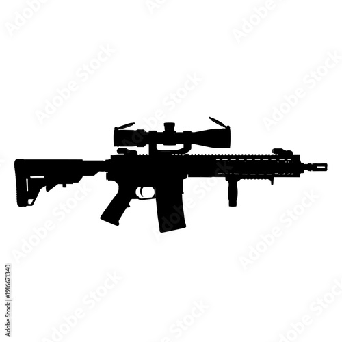 Silhouette of a Modern Assault Rifle with Scope and Accessories.