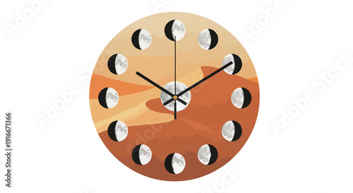 Celestial Clock with Moon Phases and Desert Background Illustration