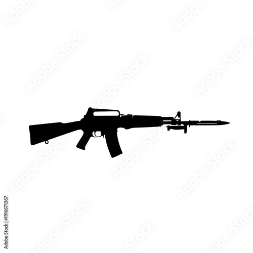 Silhouette of a modern assault rifle with a bayonet attached.