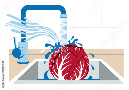 Red Cabbage Being Washed Under Running Water in Kitchen Sink.