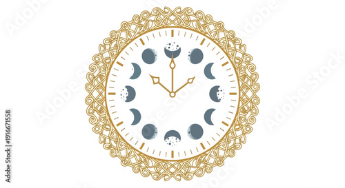 Ornate moon phase clock with a gold Celtic knotwork frame on a white background