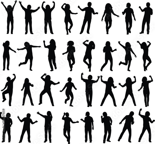 Vector illustration of diverse human silhouettes in dynamic poses symbolizing dance, movement, body language, culture, education, and decorative design
