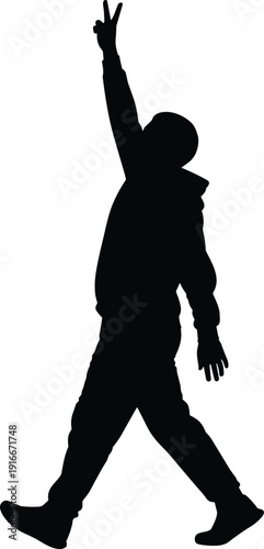 Vector illustration of walking person silhouette, raised arm gesture, peace sign hand, mid stride motion, symbolic design, victory celebration, freedom icon, bold graphic