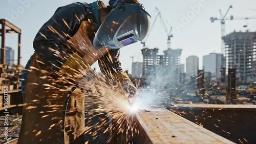 Skilled Industrial Welder Cutting Metal Pipe with Flying Sparks in Factory