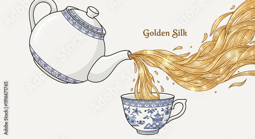 Golden silk strands pouring from a porcelain teapot into a teacup.