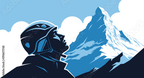 Man in helmet looking up at majestic mountain peak.