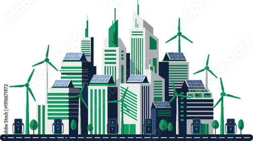 Futuristic Eco-Friendly Smart City Vector Illustration with Green Energy and Modern Transportation