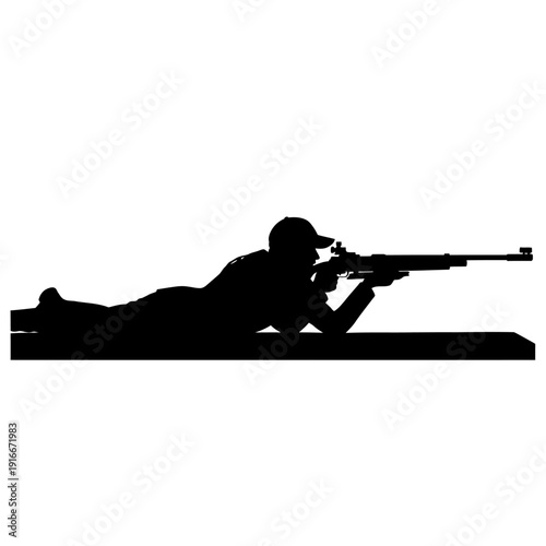 Silhouette of a person aiming a rifle at a target, lying down.
