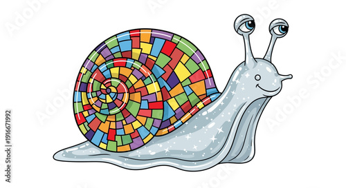 Whimsical snail with a colorful mosaic shell