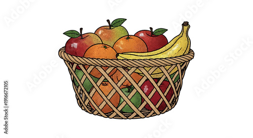 A woven basket filled with fresh apples, oranges, and a banana.