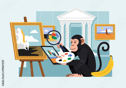 Monkey artist painting masterpiece with palette and easel.