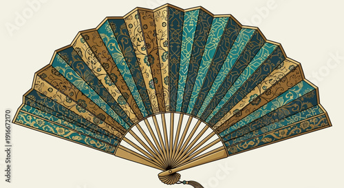 Ornate folding fan with intricate floral and geometric patterns in teal and gold.