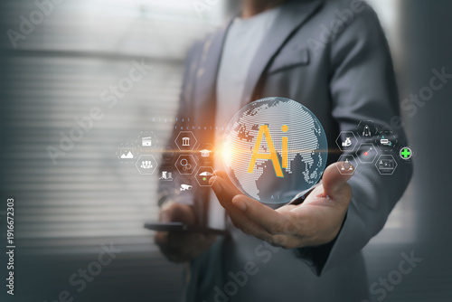 Billede på lærred Businesses driven by artificial intelligence and global digital technology, with continuous access to and development of systems, are involved in daily life, investment, and education