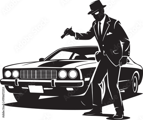 Vintage gangster with classic car vector illustration