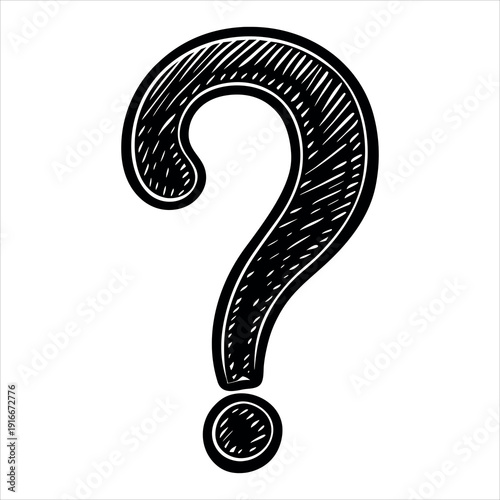 Hand-drawn black question mark symbol with white shading and scribbled lines, illustration on white background