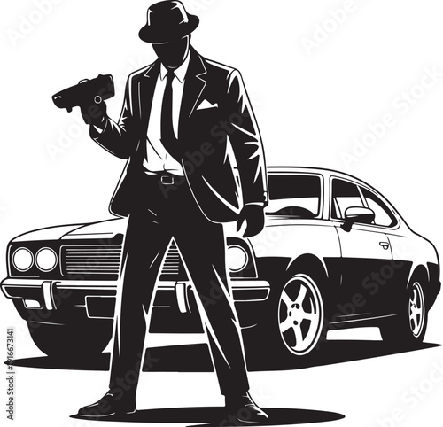 Vintage minimalist illustration of a man opening a car door