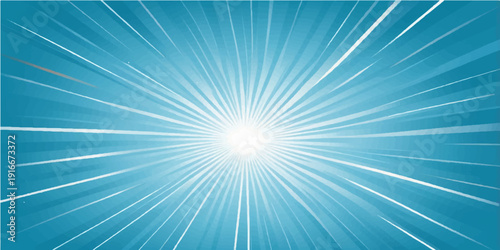Abstract blue sunburst background with glowing light rays and bright summer sunlight in the sky